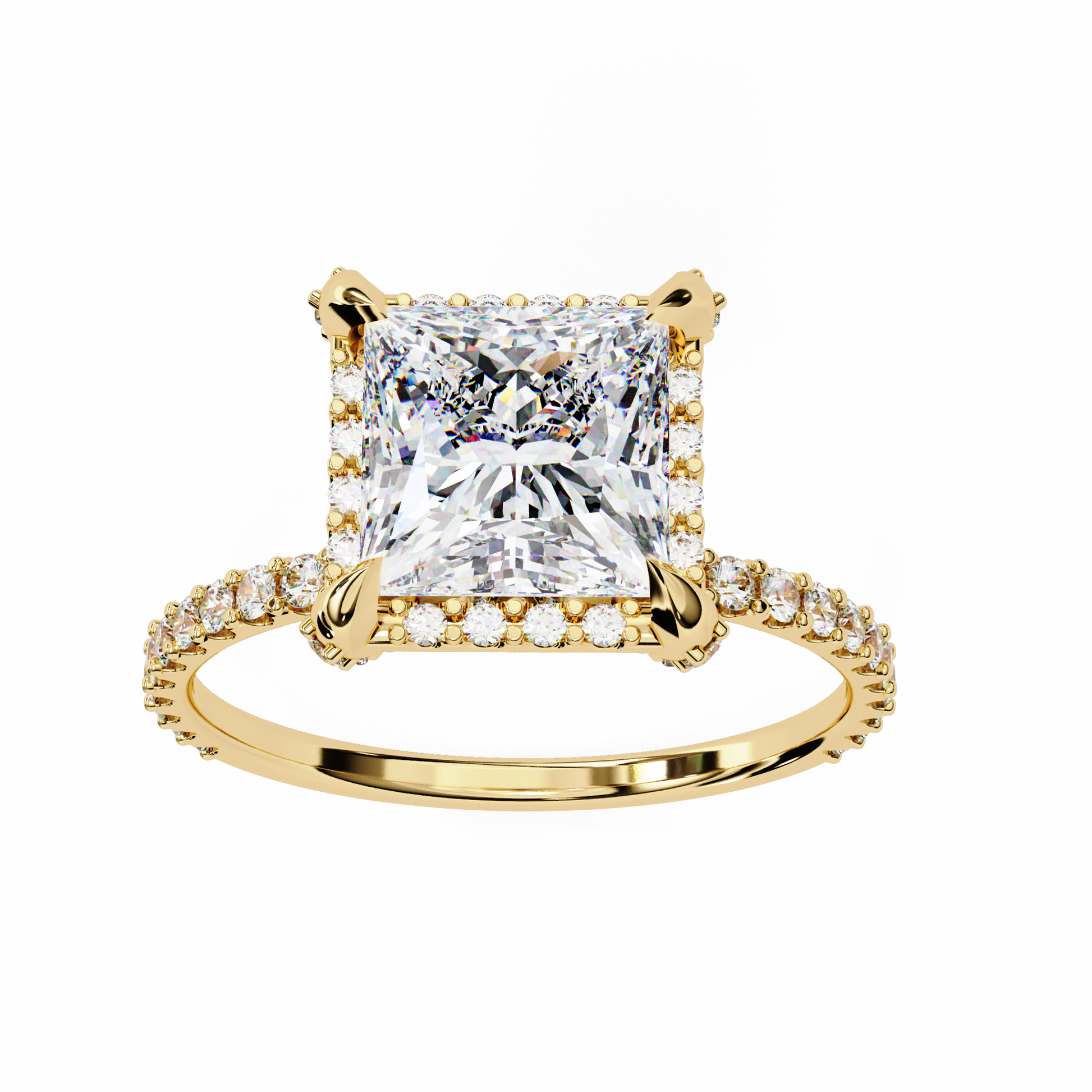 Gold ring with a large diamond and smaller diamonds 