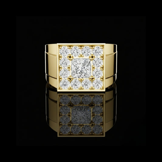 1.32 TCW Luxury Halo Princess Cut Lab Grown Diamond Ring in Gold Statement Band