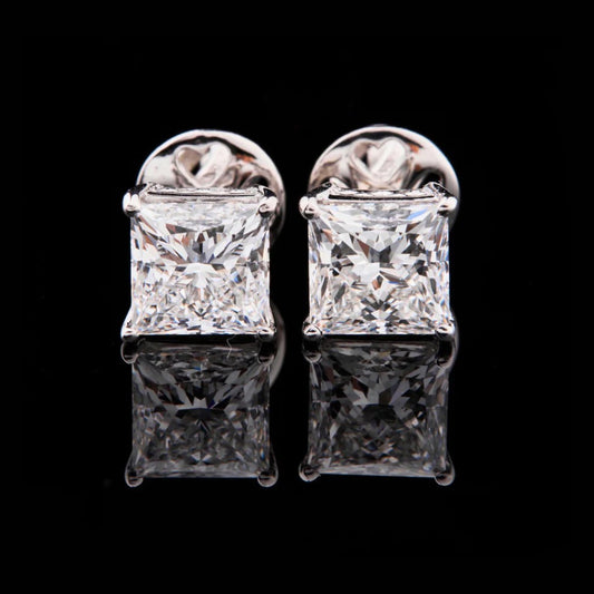 3.00 TCW Premium Princess Cut Moissanite Diamond Stud Earrings in Polished White Gold Brilliant Solitaire Design