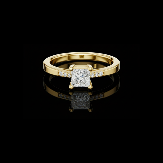 0.50 CT Luxury Princess Cut Moissanite Diamond Solitaire Ring in Polished Gold with Side Pave Detailing