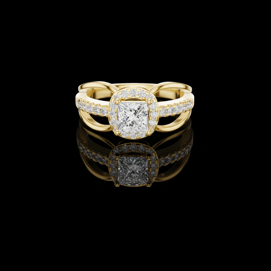 0.57 CT Modern Split Shank Ring with Princess Moissanite Diamond and Radiant Halo Accented by Pave Diamond