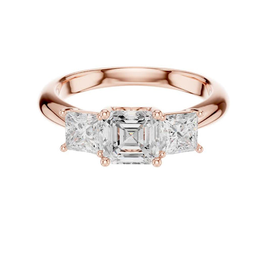 1.80 TCW Shiny Asscher Cut Three Stone Lab Grown Diamond Ring with Princess Cut Side Stones