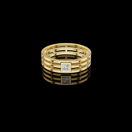 0.15 TCW Contemporary Openwork Band Featuring a Bezel Set Princess Cut Moissanite Diamond