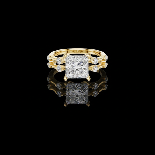 3.00 CT Stylish Princess Cut Lab Grown Diamond Ring with Double Band Design and Round Diamond Accents