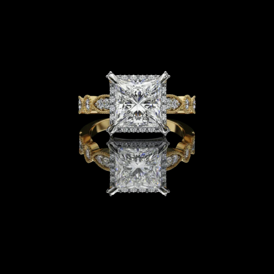 2.00 CT Dazzling Princess Cut Halo Lab Grown Diamond Ring with Elegant Sparkle Intricate Filigree Band Design