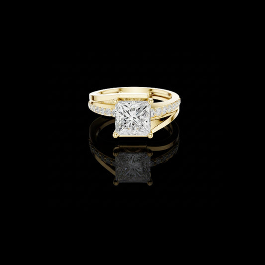 2.00 CT Aurora Crest Princess Cut Moissanite Solitaire Ring in Gold with Split Band Pave Accent Design