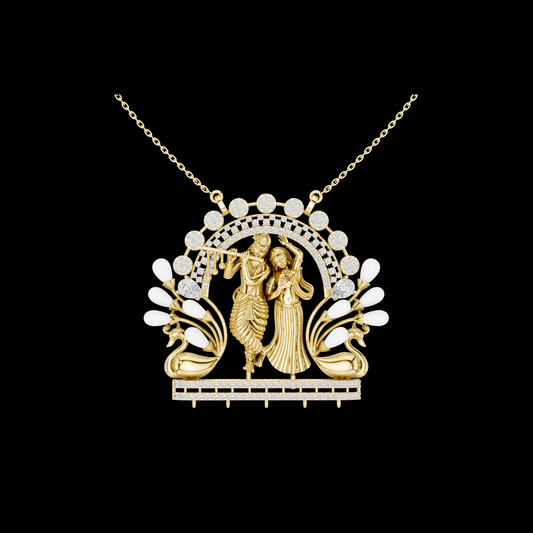 2.84 TCW Shiny Plated Radha Krishna Pendant with Lab Grown Diamond Peacock Motif Luxury Spiritual Jewelry