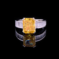 2.00 CT Radiant Cut Yellow Moissanite Diamond with Baguette Cut Side Diamond Accents Band For Surprise