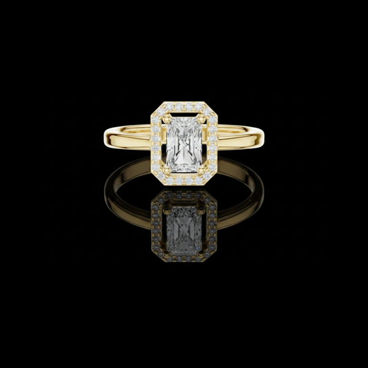 1.23 CT Stunning Moissanite Ring Featuring a Radiant Cut Center Stone Surrounded by a Diamond Halo