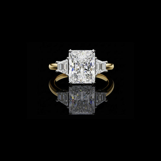 3.50 CT Perfect Radiant Cut Three Stone Ring With Moissanite Diamond Trapezoid Side Stone Ring