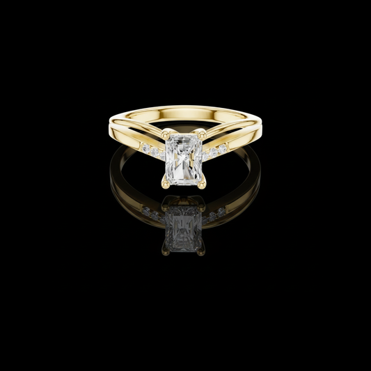 0.76 CT Sparkling Radiant Cut Moissanite Diamond Ring with Split Shank Band and Pave Accent Stones