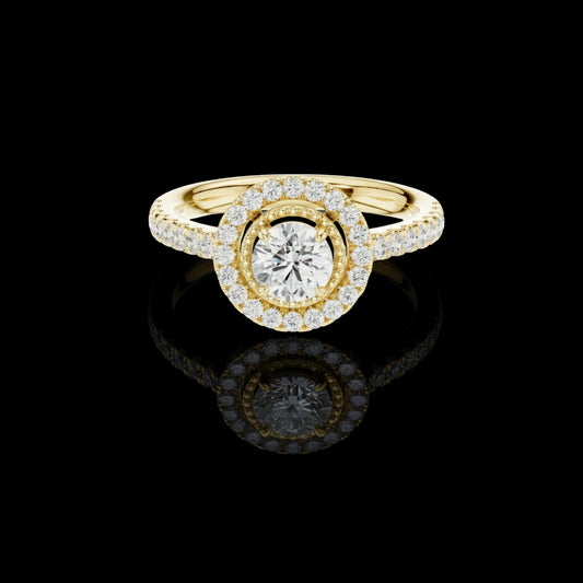 0.53 CT Glamorous Round Cut Halo Moissanite Diamond Ring in Luxe Gold with Pave Set Band For Love