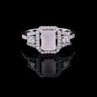 1.50 CT Emerald-Cut Rose Quartz Ring with Moissanite Diamond Double Halo and Split-Shank Pavé Band