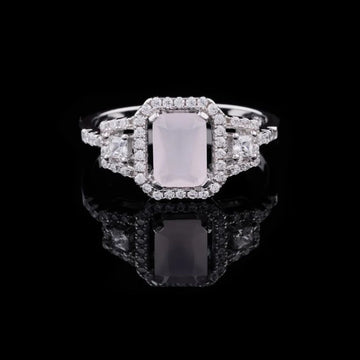 1.50 CT Emerald-Cut Rose Quartz Ring with Moissanite Diamond Double Halo and Split-Shank Pavé Band
