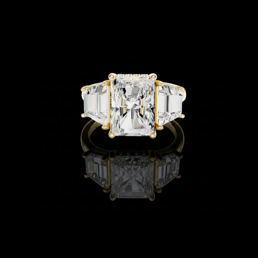 3.00 CT Bliss Radiant Cut Moissanite Three Stone Bold Centerpiece with Tapered Side Stones Ring