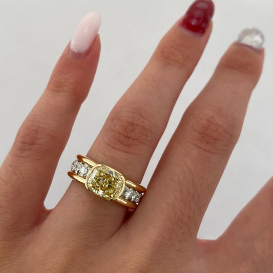 Cushion Cut Moissanite Ring with Round Side Stone Band - view 2