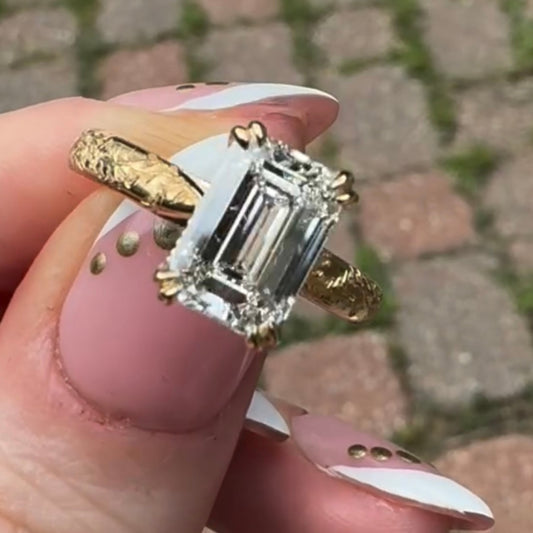 3.00 TCW Organic Textured Gold Emerald Cut Moissanite Diamond Ring with Sculpted Artisan Band