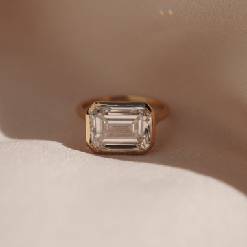 4.00 TCW Imperial Emerald Cut Bezel Moissanite Diamond Solitaire Ring with Clean Architectural Lines in Gold