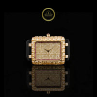 Yellow Gold Rectangular Watch with Baguette Cut Diamond Bezel & Pave Dial