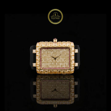Yellow Gold Rectangular Watch with Baguette Cut Diamond Bezel & Pave Dial