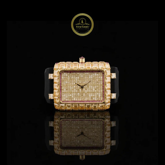 Yellow Gold Rectangular Watch with Baguette Cut Diamond Bezel & Pave Dial