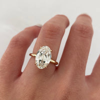 4.00 TCW Ethereal Oval Old Mine Cut Lab Diamond Solitaire Ring with Feather Slim Gold Prong Band