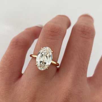 4.00 TCW Ethereal Oval Old Mine Cut Moissanite Diamond Solitaire Ring with Feather Slim Gold Prong Band