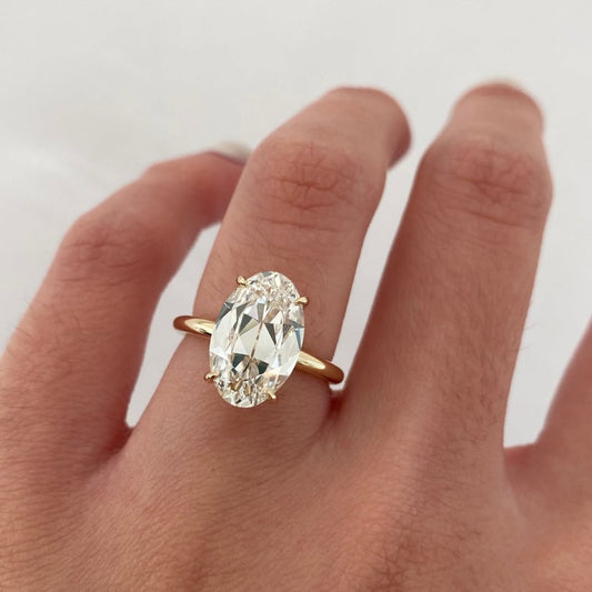 4.00 TCW Ethereal Oval Old Mine Cut Moissanite Diamond Solitaire Ring with Feather Slim Gold Prong Band