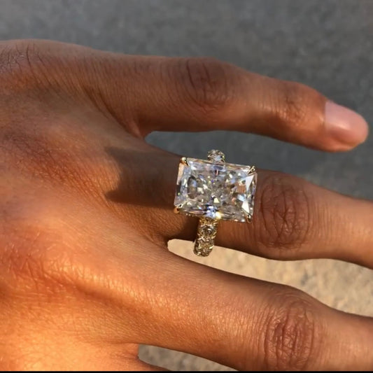 4.00 CT Striking Radiant Cut Moissanite Diamond Ring with Bold Corner Prongs & Elegance Pave Set Gold Band