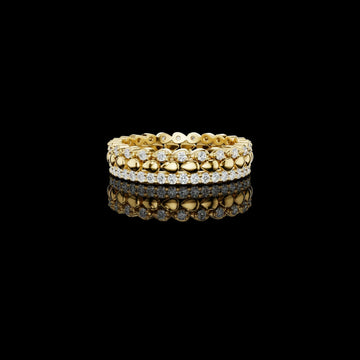 1.00 TCW Regal Bead Moissanite Round Diamond Eternity Gold Band with High-Polish Spheres and Pavé Detailing