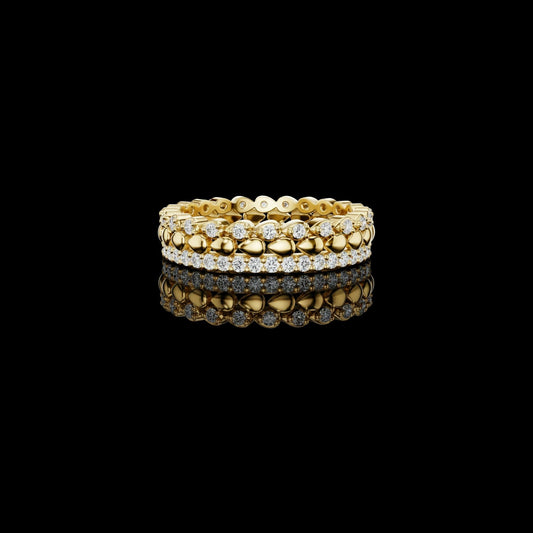 0.67 TCW Regal Bead Moissanite Round Diamond Eternity Gold Band with High-Polish Spheres and Pavé Detailing