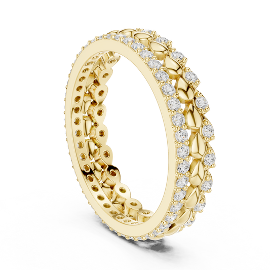 0.67 TCW Regal Bead Moissanite Round Diamond Eternity Gold Band with High-Polish Spheres and Pavé Detailing