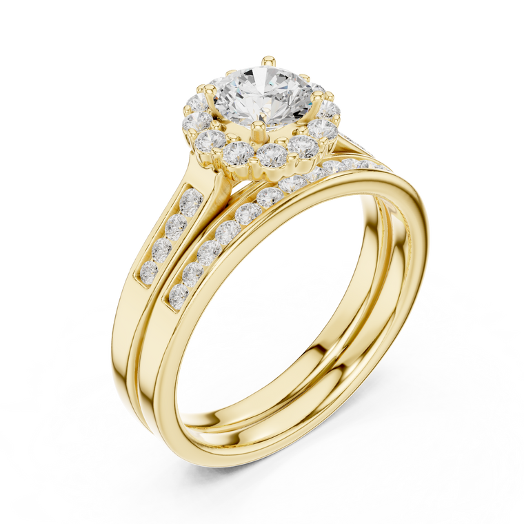 Round Cut Halo Lab Diamond Bridal Ring Set with Pavé Bands - view 2