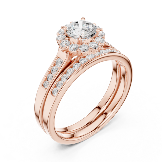 Round Cut Halo Lab Diamond Bridal Ring Set with Pavé Bands - view 3
