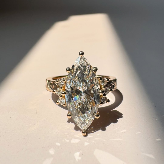 3.00 CT Exquisite Marquise Cut Moissanite Diamond Ring With Intricate Vintage Side Diamonds