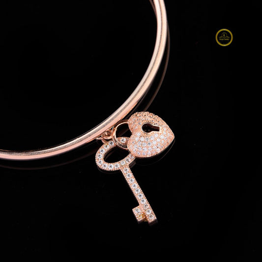 Round Heart Lock Key Charms Open Torque Bangle Bracelet - view 3