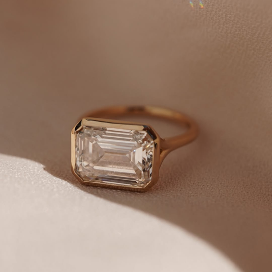East West Emerald Moissanite With Bezel Set Solitaire Ring - view 4