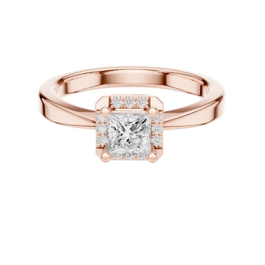 0.50 CT Modern Moissanite Ring Featuring a Princess Cut Center Diamond with a Sparkling Halo Type Setting
