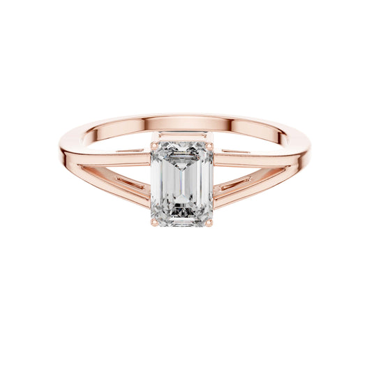 0.70 TCW Perfect Emerald Cut Lab Grown Diamond Solitaire Ring with Modern Split Shank Design