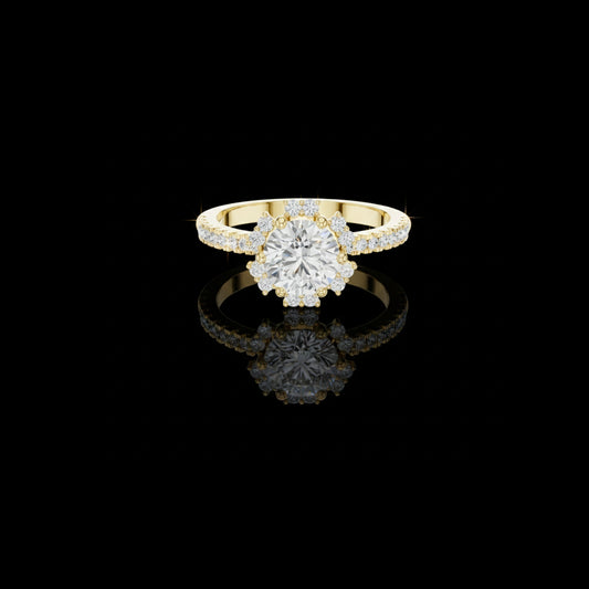 0.95 CT Sophisticated Round Halo Lab Grown Diamond Ring with Delicate Pavé Gold Bands