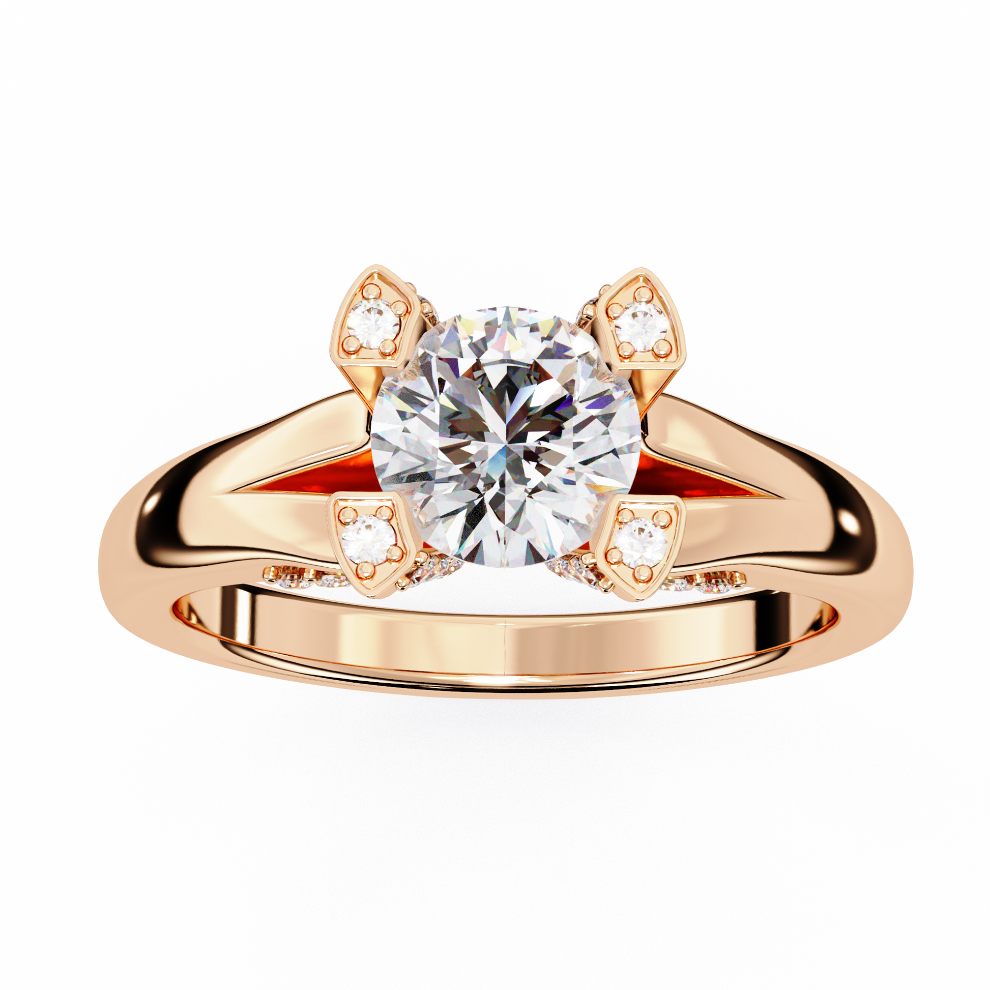 Rose gold ring with a large diamond and smaller diamonds 