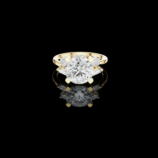 3.00 CT Luxury Round Brilliant Lab Grown Diamond Ring with Baguette and Pear Side Accents