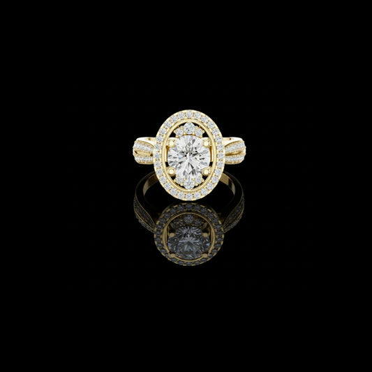 1.15 CT Bliss Round Moissanite Diamond Ring in Gold with Double Halo Frame & Pave Split Shank Design