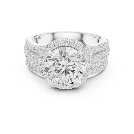 Round Halo Moissanite Ring with Triple Pave Split Shank Band - view 3