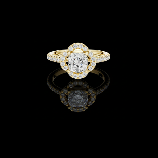 1.05 CT Iconic Round Moissanite Diamond Ring with Petal Inspired Floral Halo and Pave Band