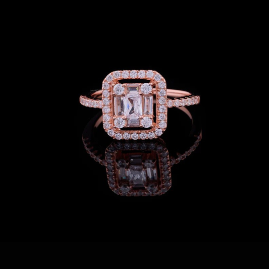 0.45 CT Emerald Cut Moissanite Diamond Halo Ring with Double Accent Baguettes and Micro Pave Ring Crafted for Bridal Elegance