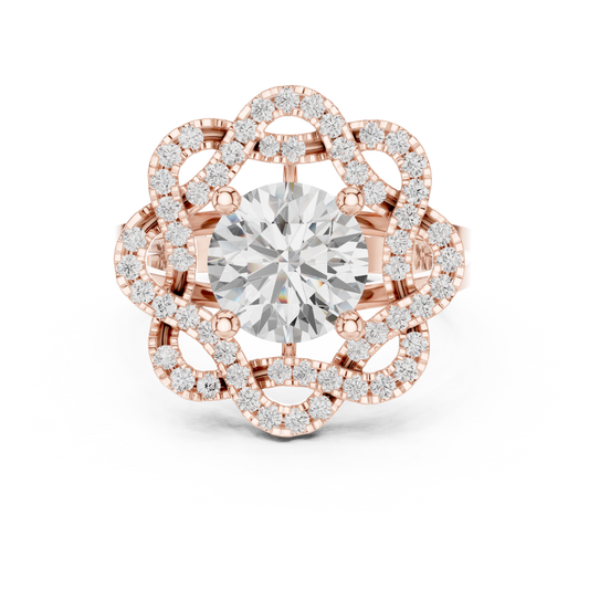 2.00 CT Interlaced Pave Petal Design Round Brilliant Moissanite Diamond Ring with Floral Halo Motif