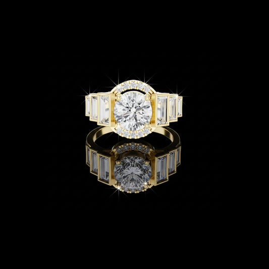 2.00 CT Bold Geometry Round Lab Diamond Ring with Baguette Side Frames For Stillness