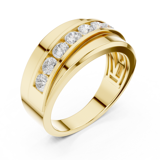 Round Cut Lab Grown Diamond Men's Curved Swirl Channel Set Gold Band - view 4
