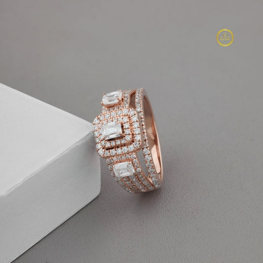 Three Stone Emerald Cut With Double Halo Anniversary Ring - view 2